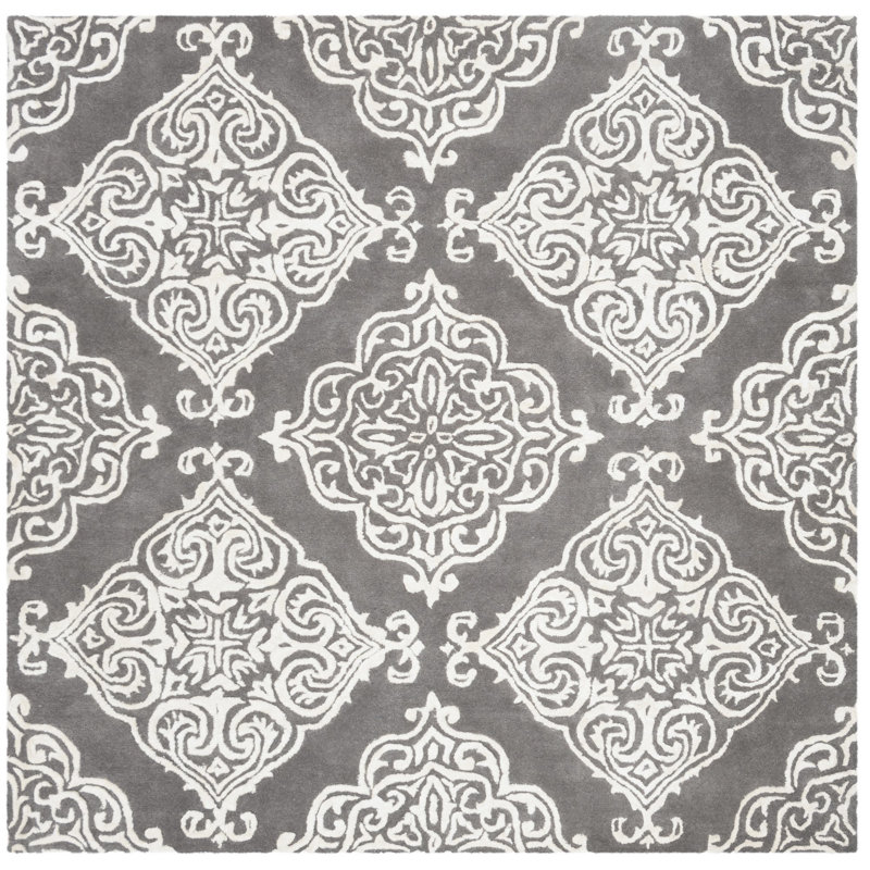 Bernon Hand Tufted Viscose/Wool Ikat Rug in Dark Gray, Square 6'