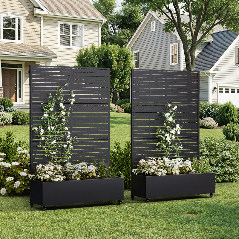 Outdoor Metal Freestanding Raised Garden Bed with Privacy Screen Metal Planter Box with Trellis for Climbing Plant Vegetable Vines