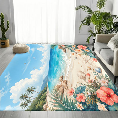 Tapis de plage tropicale, motif d'hibiscus corail et de coquillage, vue réaliste sur l'océan, tapis antidérapant, décoration intérieure artistique pour salon, chambre à coucher, cuisine, appartement, balcon