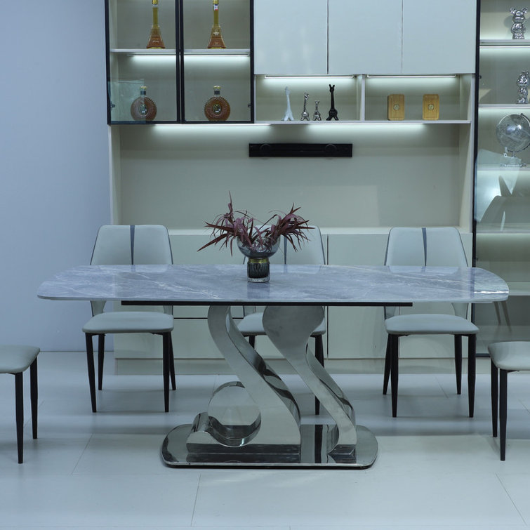 Luxury Rectangle Dining Table - Durable Stone Surface with Artistic Steel Legs