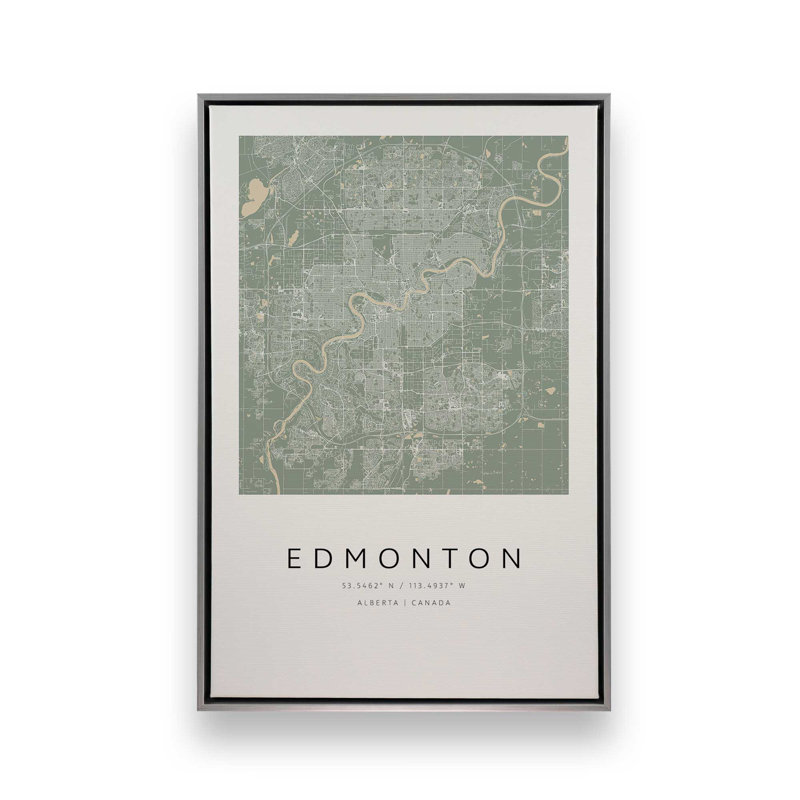 Edmonton Street Map, reproduction d'art sur toile, 12 po x 18 po, Cadre flottant en chrome poli