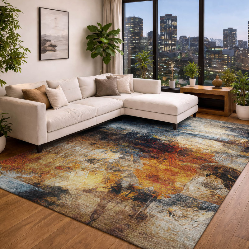 Tapis abstrait lavable à la machine intérieur / extérieur ACN2881, Bleu, 8 pi x 10 pi