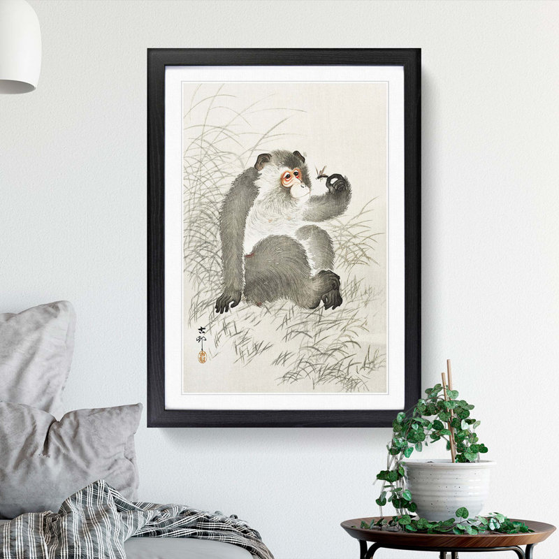 Monkey with an Insect by Ohara Koson - Picture Frame Painting Print, 65cm H x 48cm W x 2cm D, Black Framed