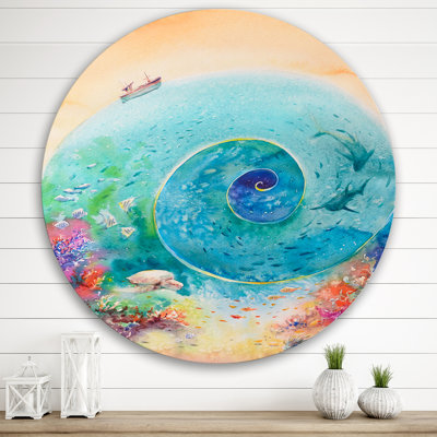 " Turquoise Ocean Spiral with Coral Reef Fishes " Watercolor Painting