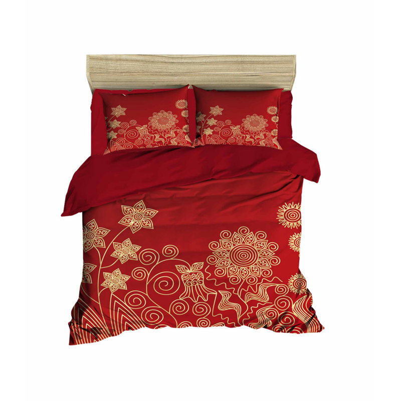 Ensemble de housse de couette très grand luxe, rouge et or, 102,4 x 86,6 pouces | 100% polyester de polyester et 100% coton | Imprimé en 3D, fermeture à glissière, lavable à la machine | Literie douce et élégante pour une expérience de sommeil con