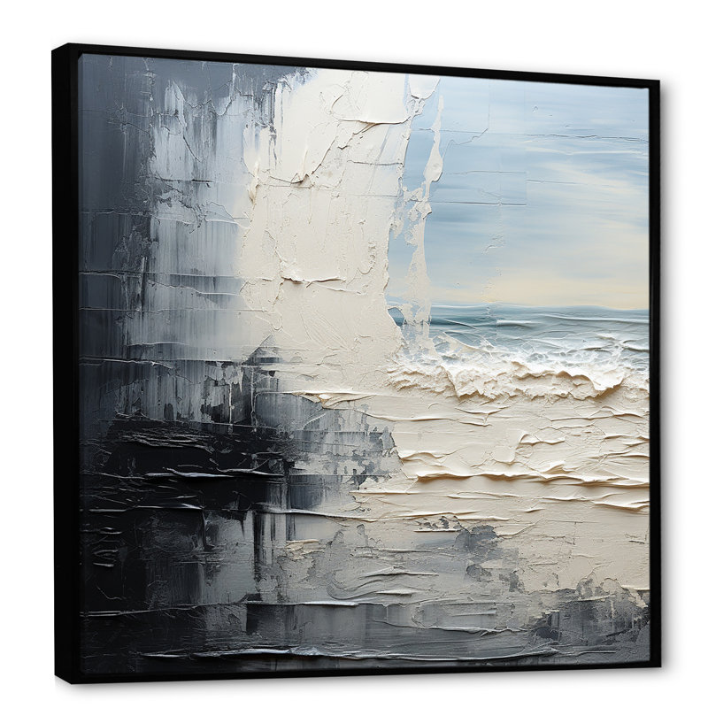 Peinture abstraite liquide crème et noire II - décoration murale abstraite, Cadre photo argenté, H 30 po x l 30 po