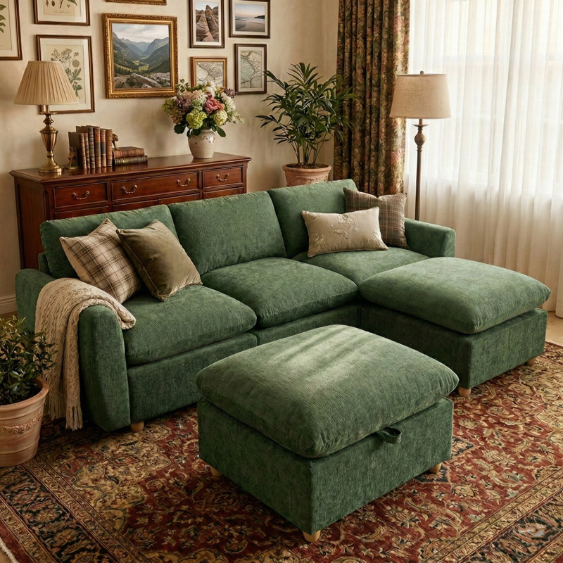 100" Chenille Sectional Couch With Two Ottomans, Green Chenille