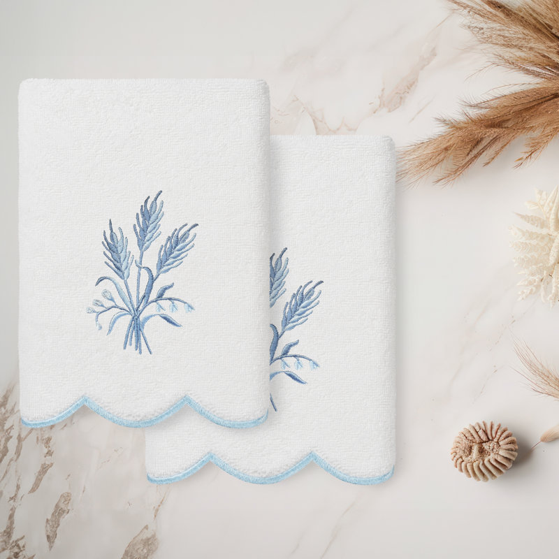  Ensemble de serviettes 100% coton festonné 100% coton WHITNEY, Blanc / Bleu, Essuie-mains - paquet de 2