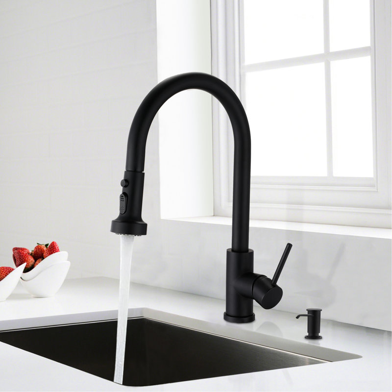 Robinet de cuisine escamotable noir mat avec acier inoxydable, distributeur de savon, pour les égratignures et la rouille, bec pivotant à 360 °, débit maximal de 1,8 gallon par minute, égratignure et rouille, débit