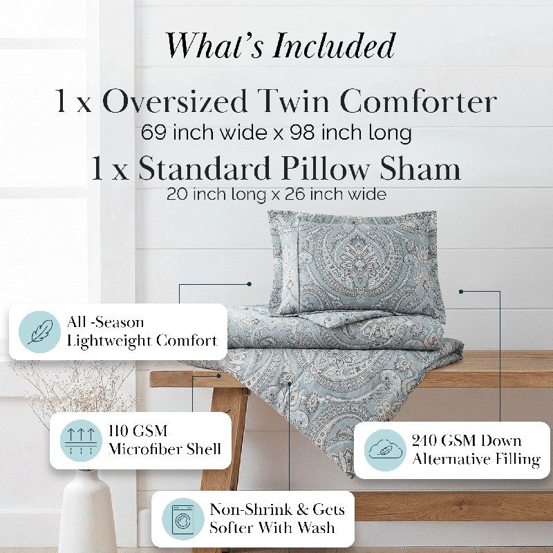 Ensemble de couette réversible Southshore Fine Linens Pure Melody, coloris Pure Melody Aqua, en microfibre doublement brossée à motif cachemire, garnissage en fibres synthétiques, 1 couette et 1 taie d'oreiller, taille Twin/Twin XL.