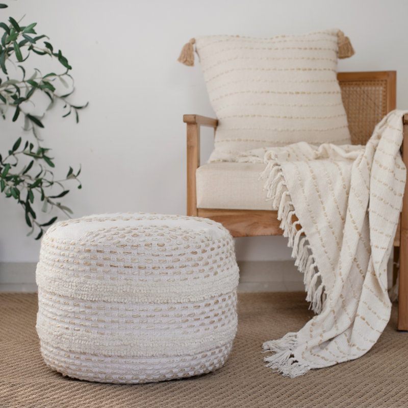 Beige Striped Hand-Woven Cotton Blend Square Throw Pillow
