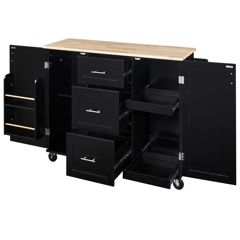 Îlot de cuisine mobile avec rangement - Assemblage facile, fabrication en bois noir et en caoutchouc de qualité, Noir