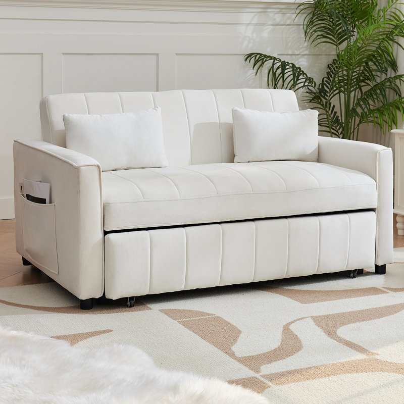 Radislava Convertible Sleeper Sofa Bed, 55.51" Modern 3-in-1 Futon Couch, White Velvet