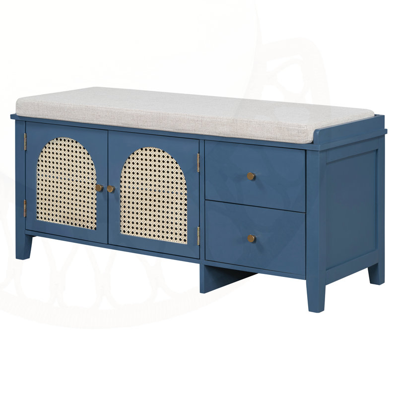 Banc à chaussures en rotin indémodable avec coussin et poignées plaquées or Timeless, Marine