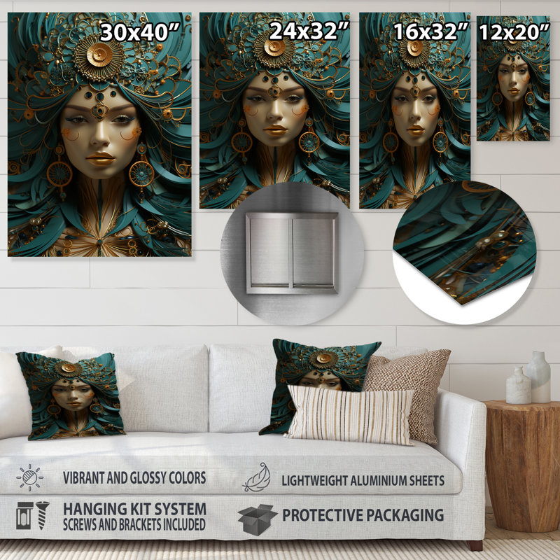 Or et émeraude femme déesse beauté - femme déesse art mural en métal, H 40 po x l 30 po x P 1,5 po