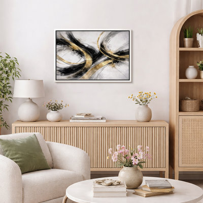 Abstract Black Gold Fluid Motion Artwork, Contemporary Living Room Pictures, Framed Canvas Giclee Print Wall Art