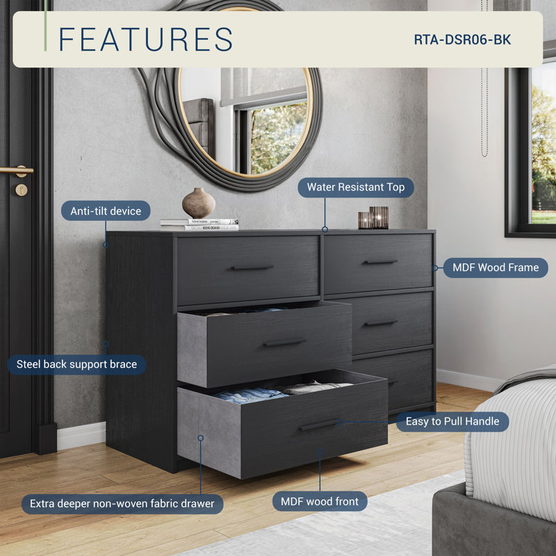 6-Drawer Dresser With Large Fabric Drawers, Black