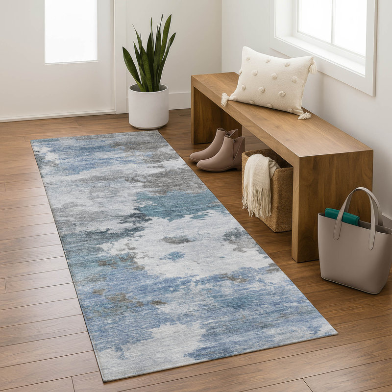 Premium Machine Washable Mayfield AMF2144 abstract Rug, Blue, 2'3" x 7'6" Runner