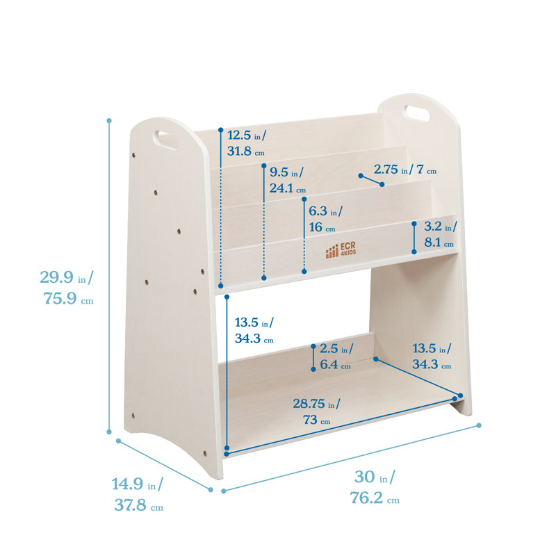 White Wash Birch 3-Shelf Kids Book Display with Handles