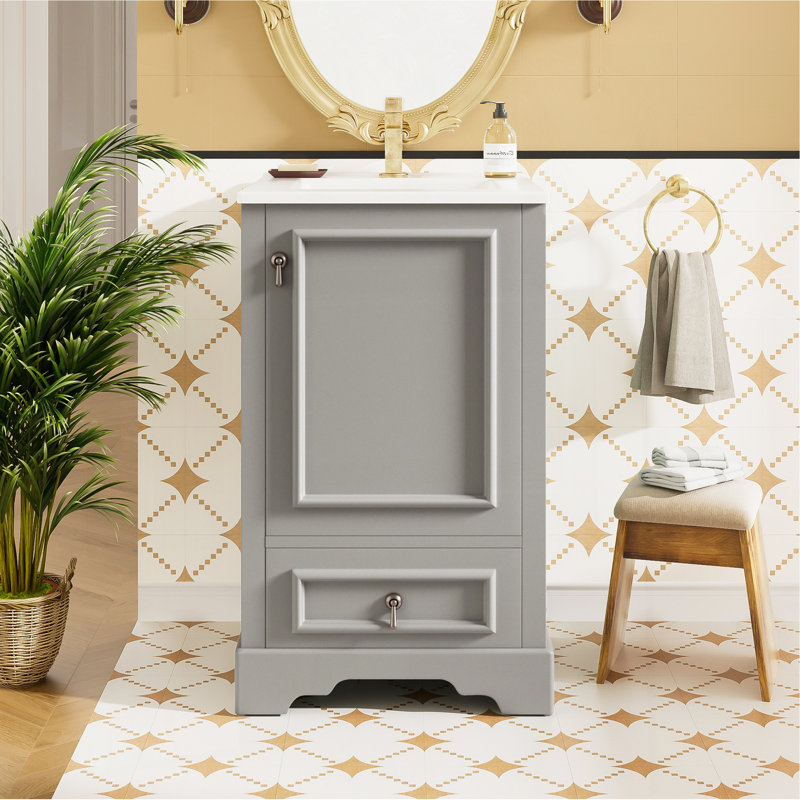 Meuble-lavabo de 20 po avec lavabo en céramique, porte à fermeture en douceur, tablette ajustable en forme de U, tiroir de compartiment et support de porte, style moderne, conception peu encombrante