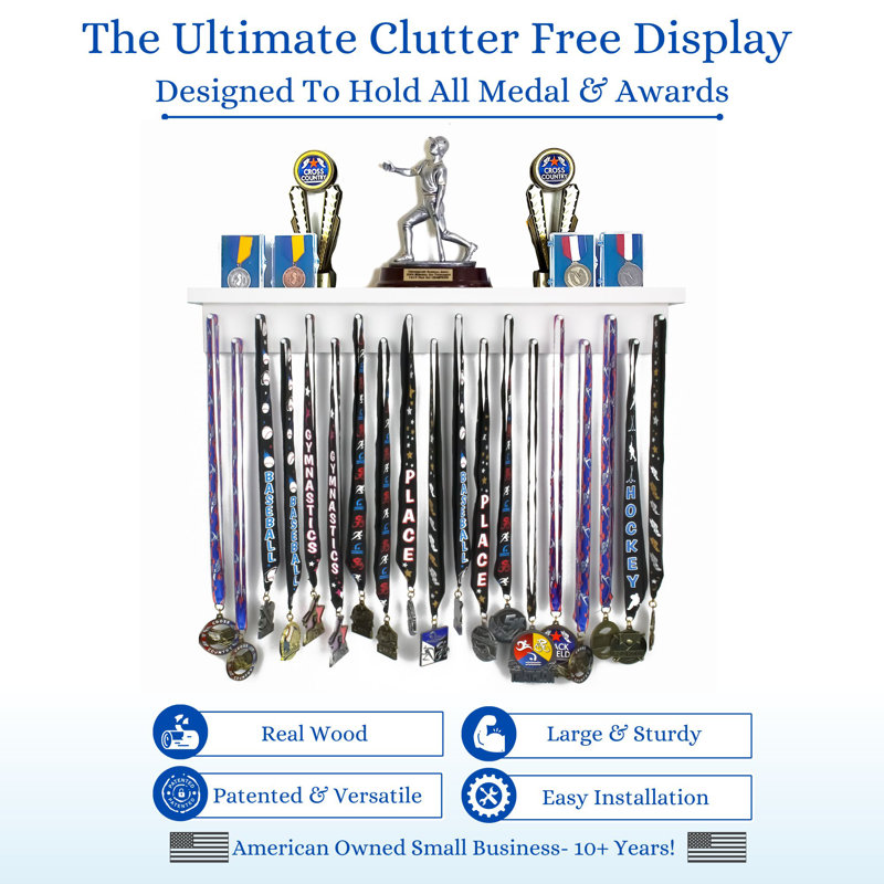 Chanyah -  2' Trophy Shelf and Medal Hanger Display, White