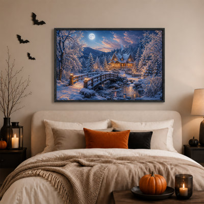 Toile d'Halloween, chalet d'hiver avec fenêtres éclairées et pont en bois