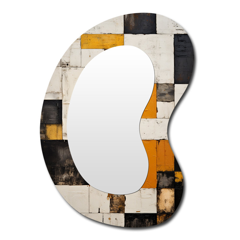 Frideres cubiste rétro patchwork - peinture abstraite miroir asymétrique, miroir mural décoratif de forme unique blanc, impression d'art en métal
