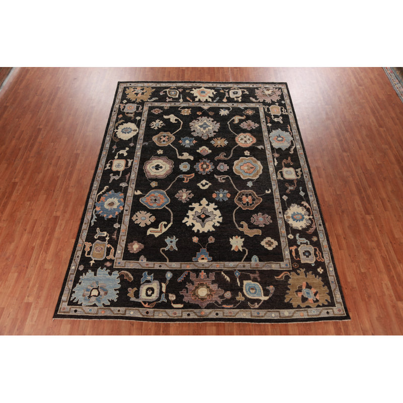 Black Floral Oushak Vegetable Dye Area Rug