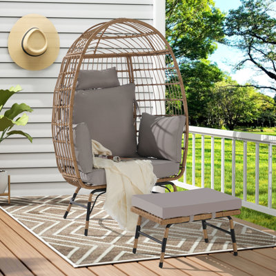 Fauteuil à œufs en osier, fauteuil à œufs en rotin intérieur / extérieur, grands fauteuils surdimensionnés avec repose-pieds et coussins épais pour porche, cour, balcon, chaise