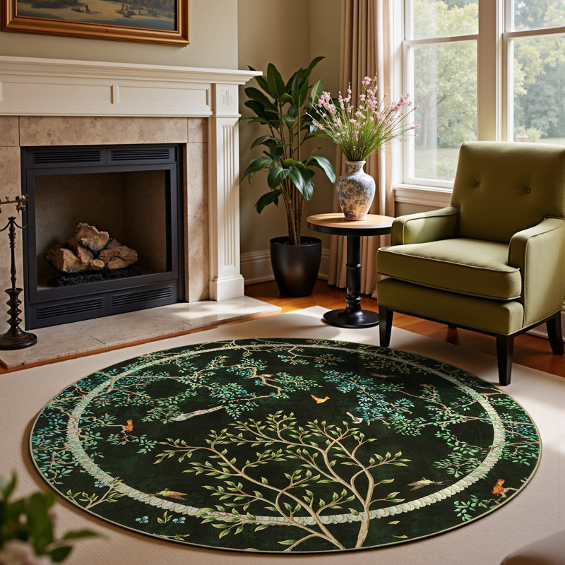 Floral Rug Botanical Birds Print Nature Plants Washable Non-slip, Moss Green, Round 5'