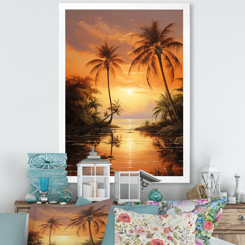Palmier, escapade tropicale, coucher de soleil sur une plage de bronze sur toile, Cadre blanc, H 32 po x l 16 po x P 1 po