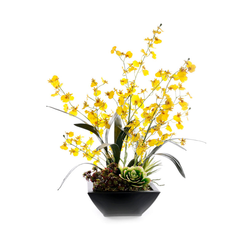 Yellow Oncidium Orchid Flower Arrangement in Zinc Metal Pot