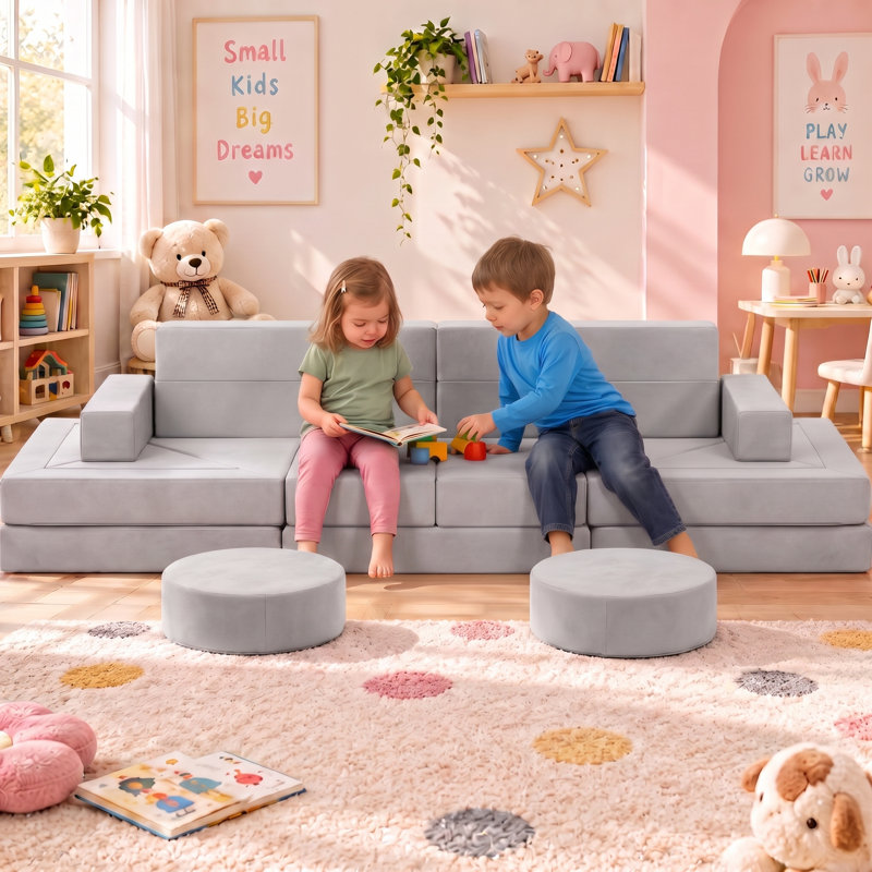 22Pcs Modular Kids Play Couch - Kids Couch for Playroom Bedroom Living Rooms Toddler Sofa for Inspiring Child Creativity，Children Convertible Foam Sofa, Dark Gray
