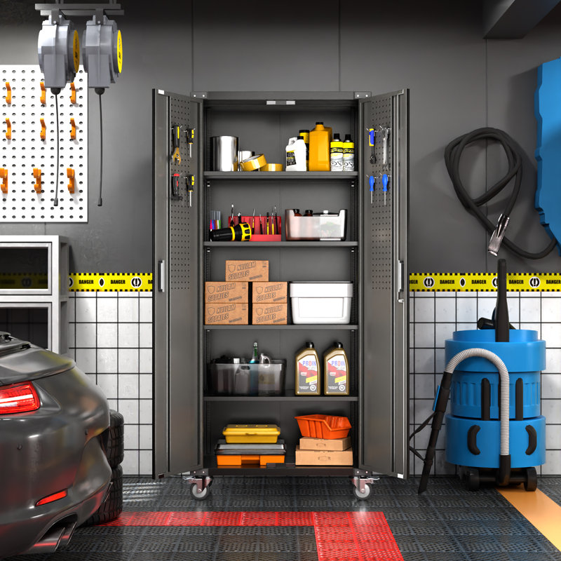 72" H Garage Storage Cabinets with Wheels,Metal Storage Cabinets with Door Pegboard for Garage Home Office Storage,Assembly Required
