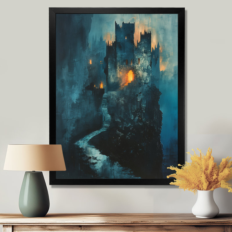 Art mural bleu et jaune, château de vampire d'hiver, Cadre photo noir, H 40 po x l 30 po