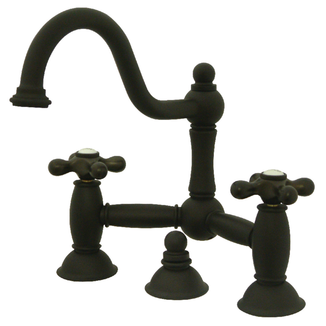 Kingston Brass Restoration Two-Handle 3-Hole Deck Mount Bridge Bathroom Faucet with Brass Pop-Up Kingston Brass 