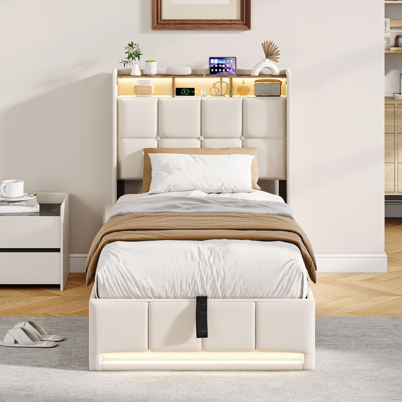 Upholstered Ottoman Storage Bed, European Single (90 x 200 cm), Beige