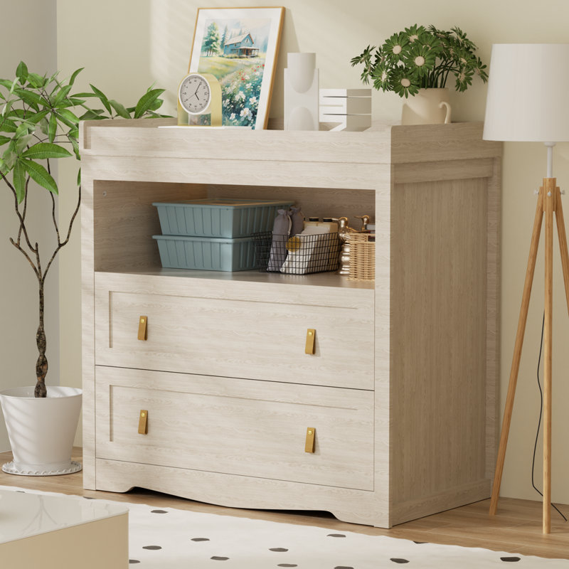 35.4" Wood Changing Table, 2 - Drawer Dresser , Chest Of Drawers With Open Storage