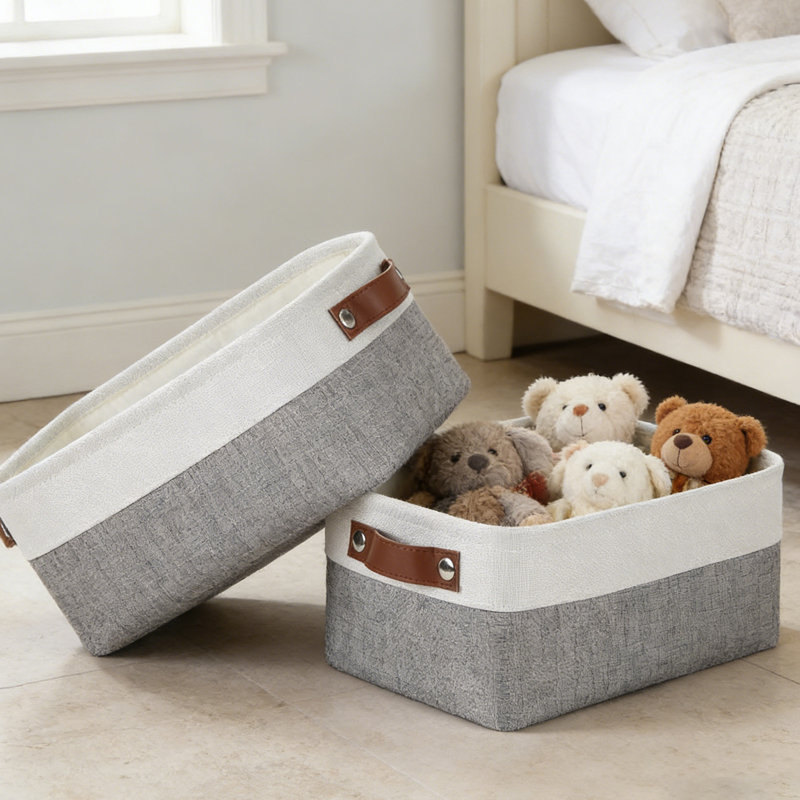 Storage Baskets for Shelves (2-Pack) – Fabric Closet Organizer Bins with PU Leather Handles, Collapsible Metal Frame for Linens, Toys, Towels in Living Room, Bedroom, and Nursery