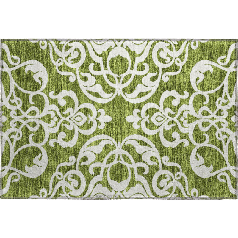 Premium Machine Washable Prisco Green Rug, Rectangle 1'8" x 2'6"