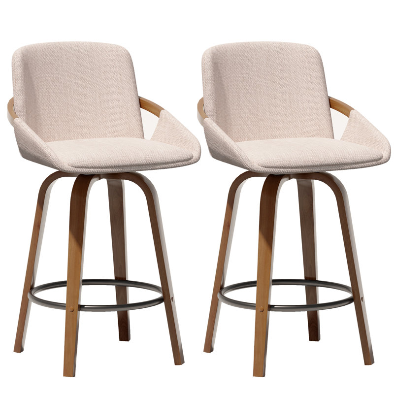 Tabouret de bar 26 po pivotant à 360 ° de 26 po avec dossier incurvé et structure en bois massif, Beige