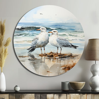 Abstrait plage, mouettes amoureuses - animaux, art en métal rond
