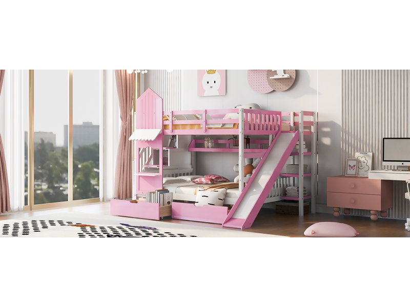 Full-Over-Full Castle Style Bunk Bed With 2 Drawers 3 Shelves And Slide - Pink, Full Over Full, Pink