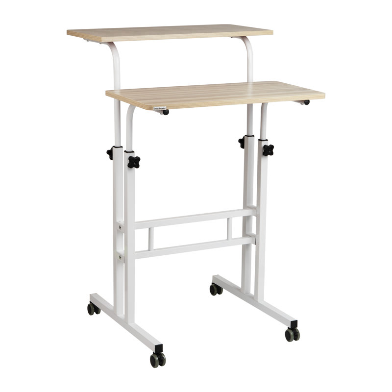 Mind Reader Standing Desk, Adjustable Height Laptop Workstation, Portable Rolling Desk on Wheels, Two-Tier Metal Frame, White