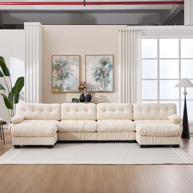 Canapé modulaire en U avec assise profonde et confort, Tissu - Beige
