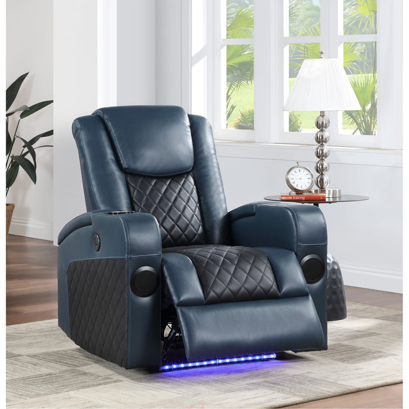 Fauteuil inclinable électrique en cuir bleu et noir avec Bluetooth, chargeur sans fil et porte-gobelet