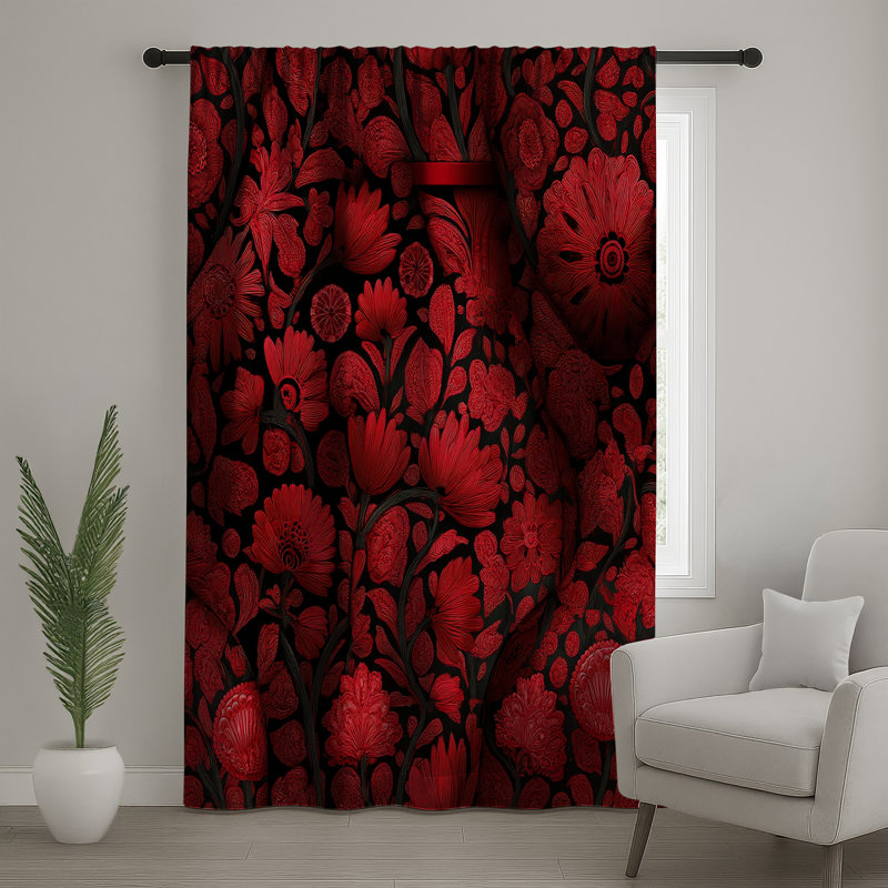 Rideaux de fenêtre à motif de fleurs rouges et voilages à motif floral - 1 panneau, 50" x 92" - 1 Panel, Blockout