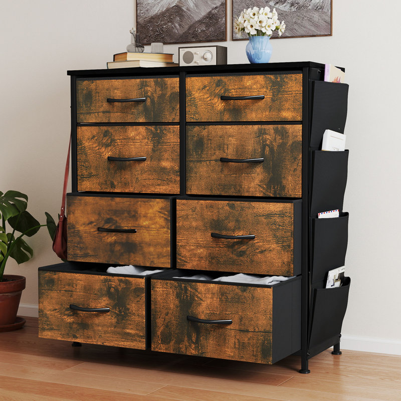 8-Drawer 86Cm W Chest Of Drawers with Side Pockets, Rustic Brown/Black