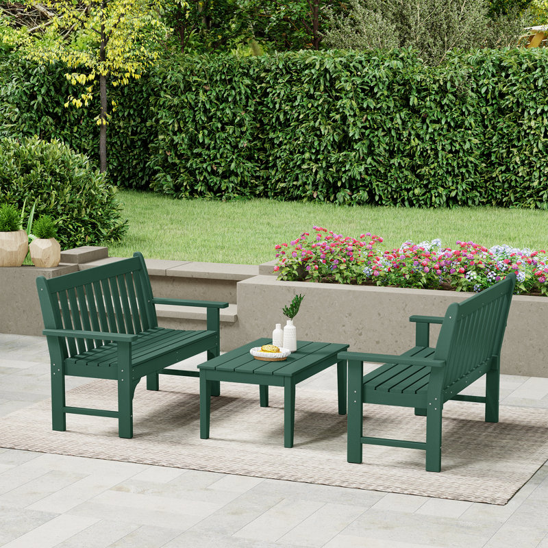Banc 3 pièces avec table basse Poly, 3 pièces: 1 table basse, 2 bancs, Vert