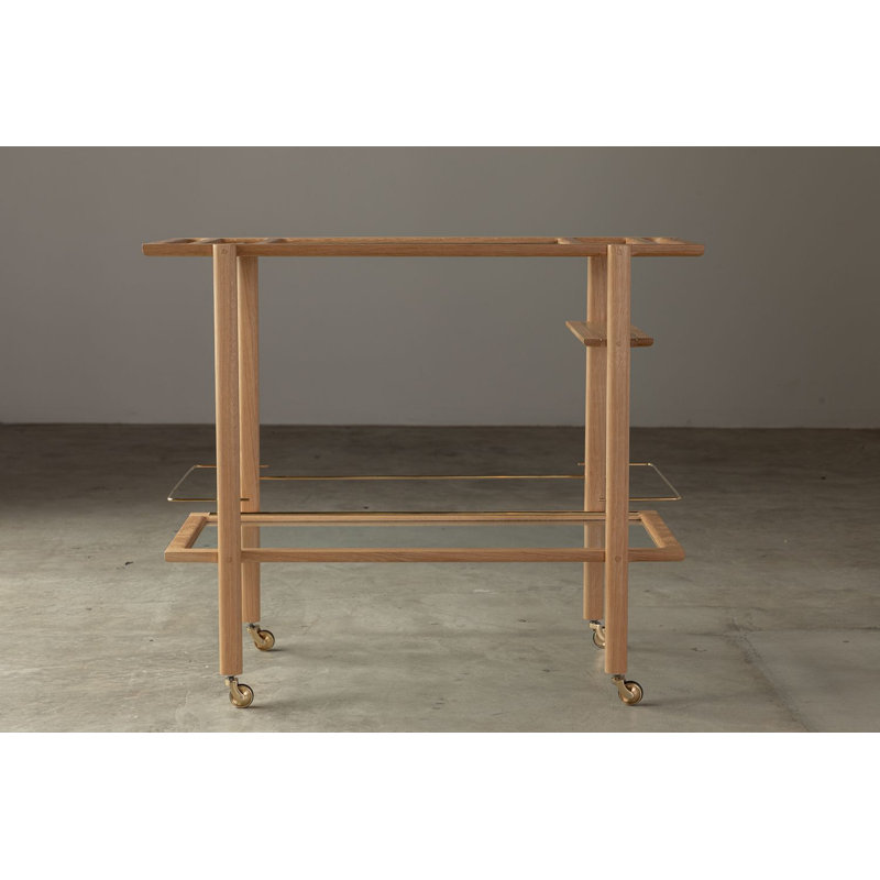 Solid Wood Bar Cart with Wheels, White Oak/Brass